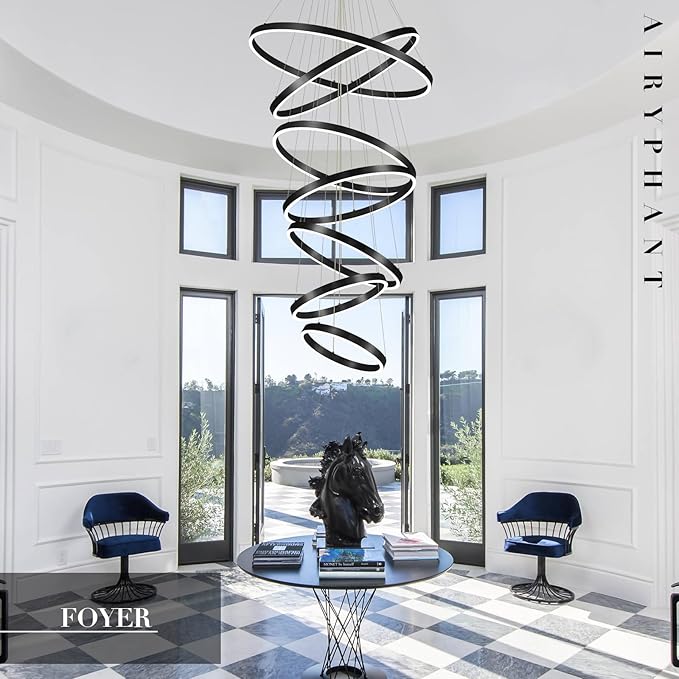 Modern LED Chandelier 7-Ring Chandeliers High Ceiling Black 31" Large Foyer Chandeliers Dimmable Luxury Contemporary Chandelier Light for Living Room Staircase Entryway, 3000K-6500K