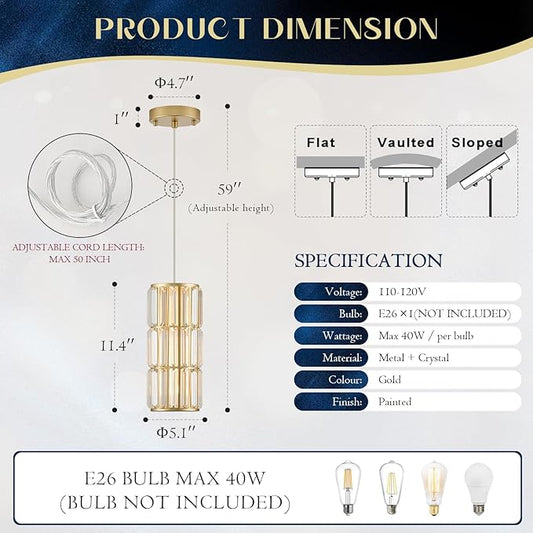 Gold Crystal Pendant Lights 3-Pack, Modern Mini Pendant Light Fixture with Adjustable Cord, Luxury Hanging Light for Kitchen Island, Dining Room, Bedroom, Hallway, Bar