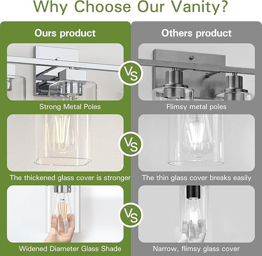 Chrome Bathroom Vanity Light - 3 Light Bathroom Light Fixture Square Design & UL Certification, Bath Room Lighting Fixtures Over Mirror, Modern Vanity Lighting Fixture for Living Room