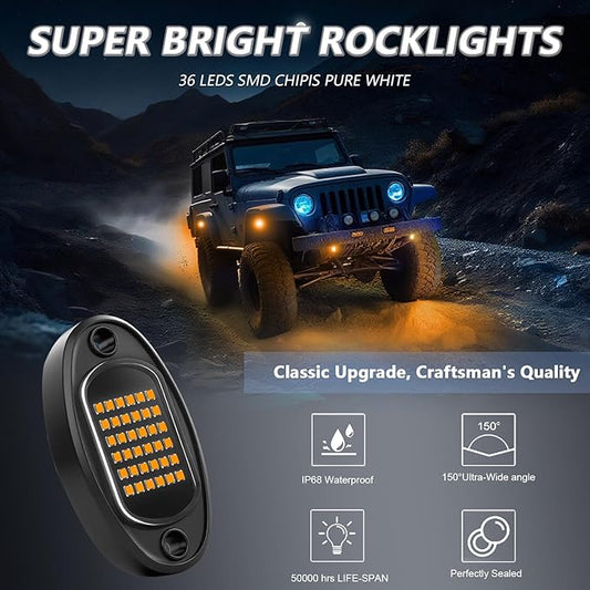 Rock Lights Ultra Bright LED Neon Underglow Lights Waterproof for Trucks Pickup SUV UTV ATV RZR Car Boats Motorcycle (Yellow, 4 Pods)