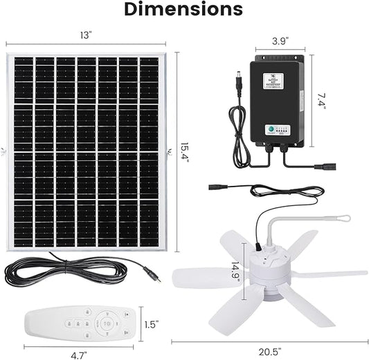 Fanspex 20.5'' Solar Rechargeable Ceiling Fan Light with Battery Backup, 25W Solar Powered Hanging Fans for Outdoor Gazebo, Chicken Coop, Greenhouse, Shed, Pet House