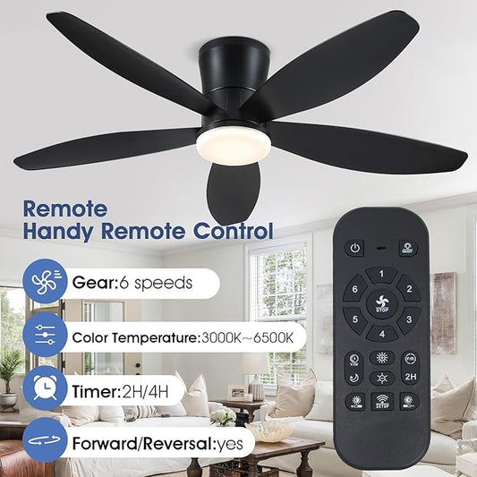 Surtime 48" Ceiling Fans with Lights-Low Profile Ceiling Fan with Light and Remote/APP Control, Black Flush Mount Ceiling Fans,DC Reversible,LED Dimmable