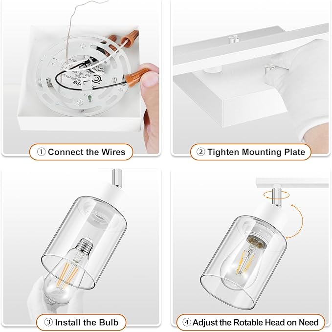BoostArea White LED 2 Light Track Lighting Kit, 2 Way Ceiling Spot Lighting with Glass Lampshade, Flexibly Rotatable Light Head for Kitchen, Living Room, Bedroom, Bulb Not Included