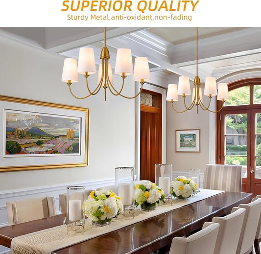Gold Chandeliers for Dining Room,5-Light Farmhouse Dining Room Light Fixture with White Fabric Shade,30" Modern Industral Chandelier for Bedroom Foyer Living Room Kitchen.