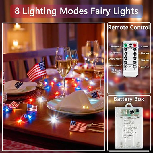 4th of July Decoration Lights, 3 Pack Red White and Blue Fairy Lights Battery Operated with Remote & Timer, Waterproof Patriotic Light Indoor Outdoor 8 Modes for Independence Day Anniversary Memorial