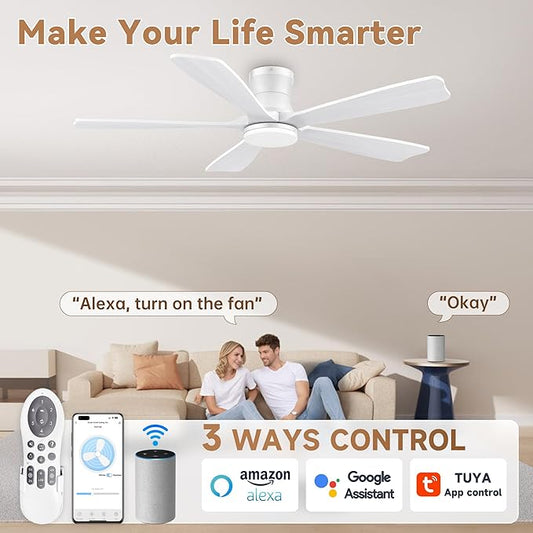 GentleBreeze 52" Wood Smart Low Profile Ceiling Fans with Lights Remote,Control via WIFI Alexa Google App,Quiet DC Motor,Outdoor Indoor Flush Mount Ceiling Fan for Modern Bedroom Patio Porch,White