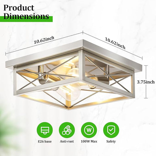 Brushed Nickle Hallway Light Fixtures, 2-Light Modern Farmhouse Flush Mount Ceiling Lights, 2-Pack Chrome Kitchen Light Fixtures, Square Close to Ceiling Lights for Bedroom Living Room Entryway