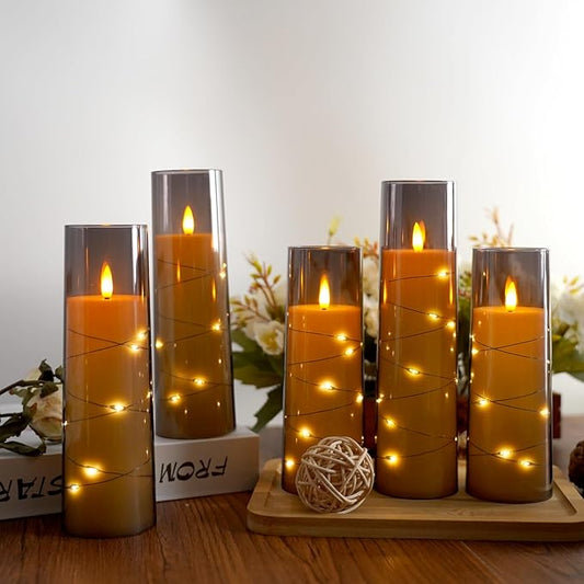 Flameless Candles,with Embedded Star String, Battery Operated Candles Flickering LED Pillar Candles with Remote Control and Timer, Home Decoration Add a Warm and Romantic Atmosphere,Set of 7 (Grey)