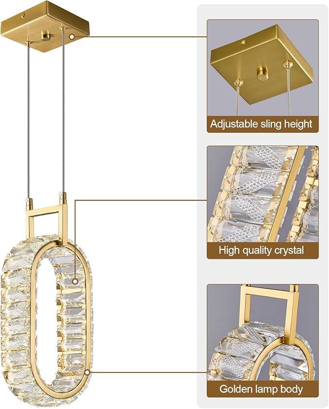 Kitchen Island Mini Light Fixture Modern Led Crystal Pendant Light Gold Oval Chandelier for Dining Room Living Room Kitchen Bedroom Bar(1-Pack