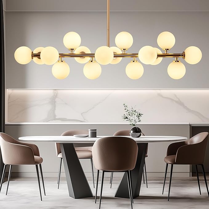 Grey Linear Chandelier, Modern Sputnik Ceiling Fixture with Adjustable Height & Dimmable Glass Shades for Dining Room, Office, Mid-Century Design