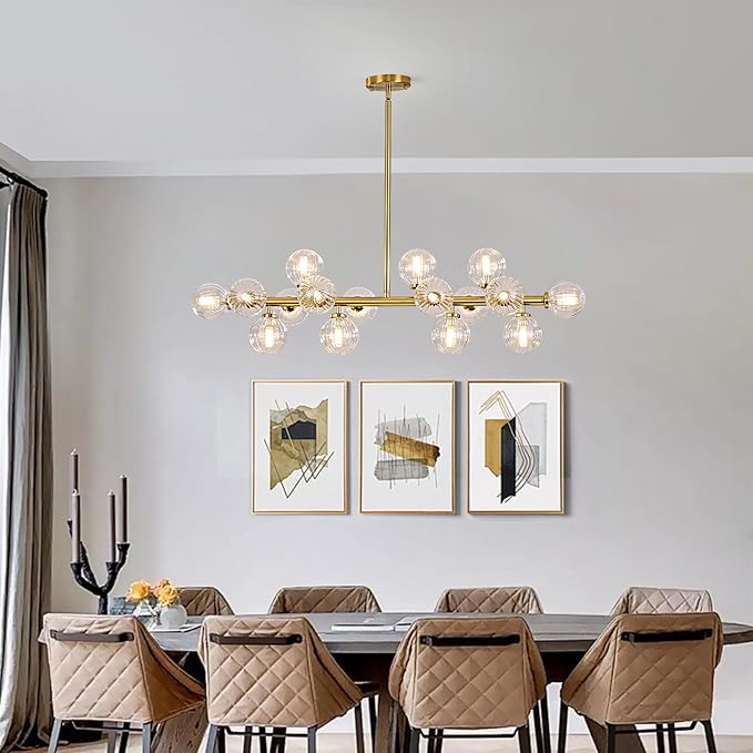 16-Light Globe Sputnik Chandelier, Linear Dining Room Light Fixture Over Table, Mid Century Modern Gold Chandeliers for Dining Living Room, Kitchen Island Lighting (Clear Bubble, 40 Inch)