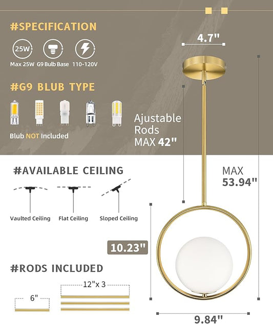AUTELO Pendant Lights Kitchen Island, 1-Light Brushed Gold Modern Pendant Lights with Milky White Globe Hanging Lamp, Adjustable Rods for Kitchen Bar Living Room, H9380 MGBG