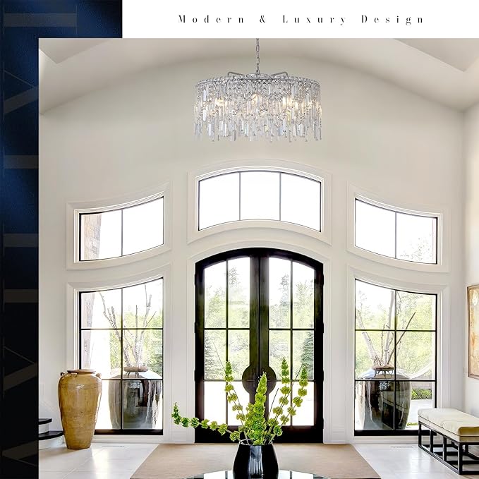 A AXILIXI Large Crystal Chandelier 30'' Chrome Modern Chandelier for Dining Room 10 Light Drum Chandelier Luxury K9 Raindrop Crystal Ceiling Pendant Fixtures for Living Room Bedroom Staircase Foyer