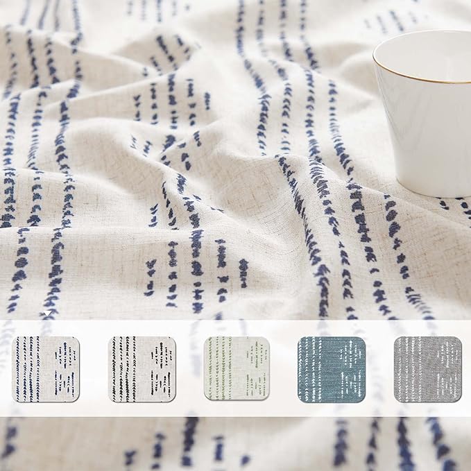 jinchan Boho Kitchen Curtain Linen Tier Curtain Bohemian Cafe 24 Inch Geometric Striped Small Window Drape Light Filtering Farmhouse Country Rustic for Bathroom RV 1 Panel Blue on Beige