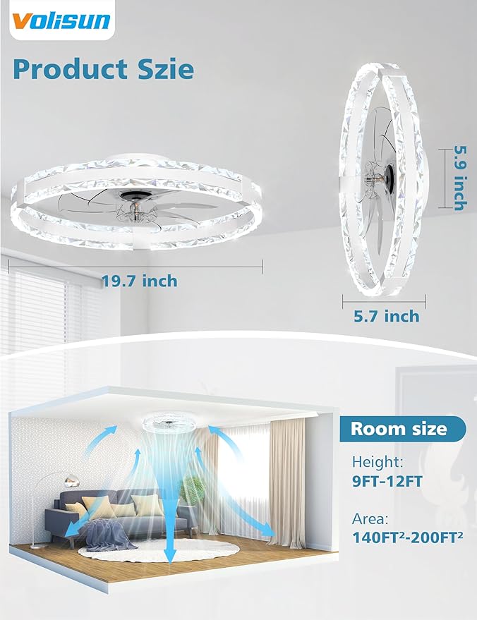 VOLISUN Low Profile Ceiling Fans with Lights and Remote, 20in Fandelier Ceiling Fans with Lights Flush Mount, Dimmable Bladeless LED Ceiling Fan Light, White Modern Ceiling Fan Light for Bedroom