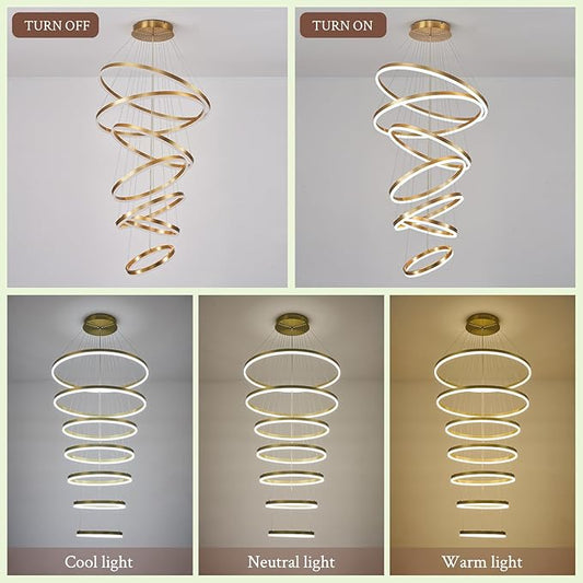 7-Rings D31.5’’ Modern LED Chandelier Gold Dimmable High Ceiling Chandeliers Foyer with Remote Control for Staircase Entryway Dining Room Living Room, 3000K-6500K