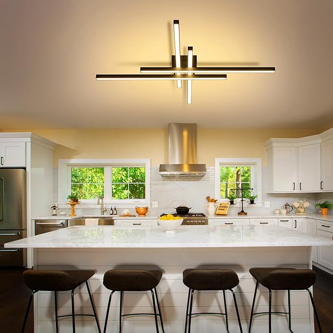 Black Modern LED Ceiling Light Fixtures with Remote 3000K/4500K/6000K Close to Ceiling Lights Creative Design Ceiling Lamp for Bedroom Kitchen Living Room Dining Room (64W, 4 Lights)
