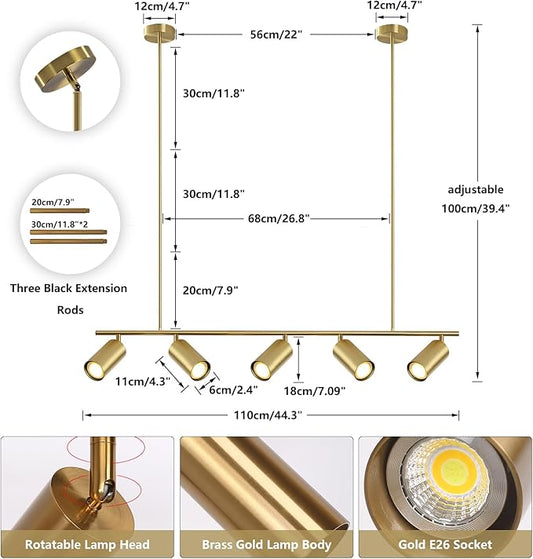 BOKT Brass Gold 5-Light Track Lighting Pendant Mid Century Modern LED Hanging Track Lighting Kit Vanity Linear Track Lighting Kitchen Island Adjustable Spot Light Ceiling
