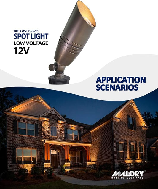 MALORY Brass Landscape Spotlights 1-Pack with MR16 Bulb(S02), 12V Low Voltage Landscape Lighting LED Outdoor Spot Uplights for House and Tree,PVC Ground Stake and Wire Connector Included, 5W 2700K
