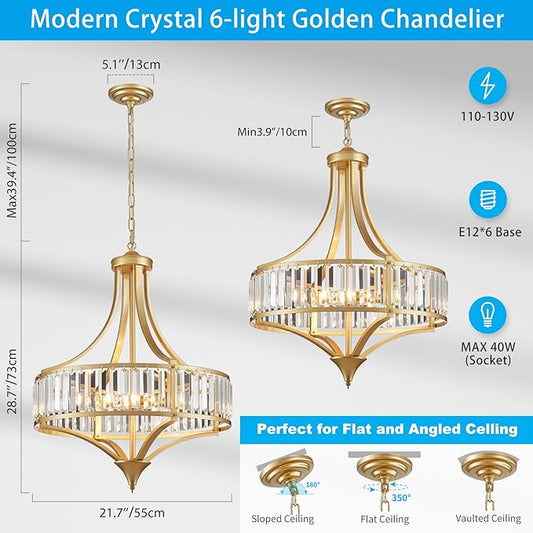 XINGQI Modern 6-Light Gold Crystal Chandelier 21.6" Farmhouse Large Round Pendant Lightting Fixture for Dining Room Living Room Kitchen Island Bedroom