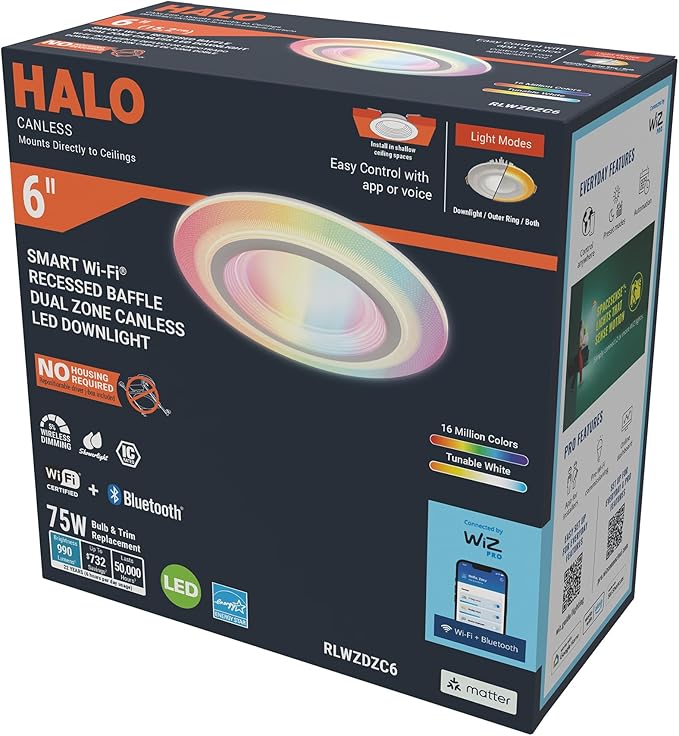 HALO 6 in Dual Zone Smart Wi-Fi Canless LED Ceiling Light Fixture 4-Pack Connected by WiZ Pro, Dimmable, Full Color, SpaceSense Motion Detection - RLWZDZC6-4PK