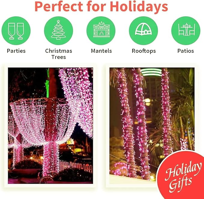 LAMPHOME 66ft Christmas Decorative Mini Lights,200 LED Transparent Wire Fairy Starry String Lights Plug in, 16 Lighting Modes, for Indoor Outdoor Xmas Tree Wedding Party Decoration (Pink)