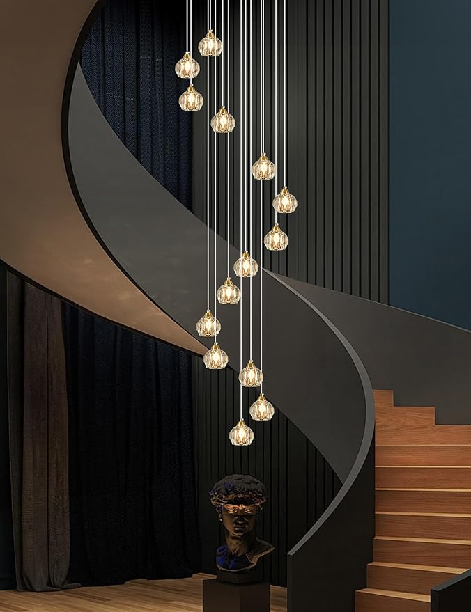 Weesalife Crystal Chandeliers for Staircases, 14-Light Gold Modern Chandeliers for High Ceilings,Crystal Pendant Light Fixture for Living Room Kitchen Island Foyer Hallway Bar
