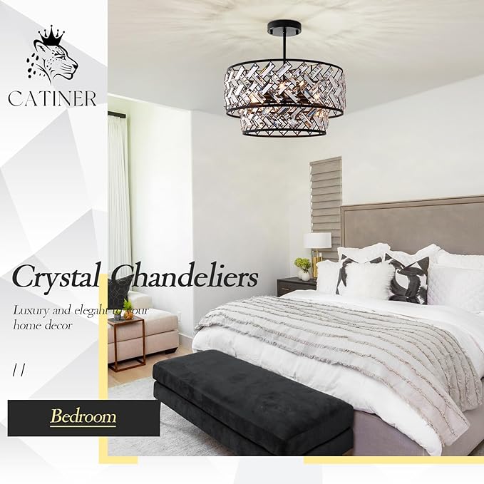 Black 6-Light Crystal Pendant Chandelier, Luxury Drum Semi Flush Mount Ceiling Light, 20'' Modern Ceiling Fixture for Dining Room, Living Room, Bedroom, Kitchen, Foyer