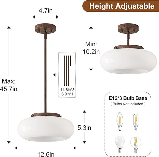WOKNOS Mid-Century Modern Faux Walnut Wood Semi Flush Mount Ceiling Light, 3-Light Kitchen Light Fixtures with Glass Shade for Entryway Hallway Bathroom Bedroom (12.6 Inch)
