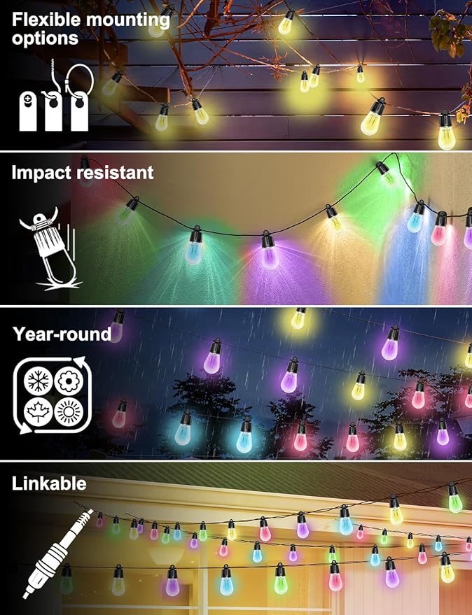 Outdoor String Lights, 50ft Smart RGB IC Warm White Patio Lights Outdoor Waterproof with Remote & App Control, Compatible with Alexa Great for Deck, Gazebo, Balcony
