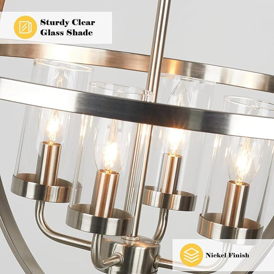 Treekee 20'' Globe Chandelier Brushed Nickel Chandeliers, 4-Light Modern Orb Chandelier, Luxurious Hanging Light Fixture with Glass Shade, Pendant Light for Dining Room Entryway Living Room