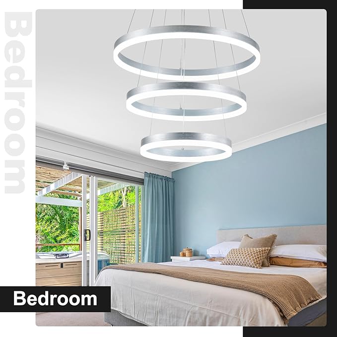 Buccleuch Dimmable 3-Ring LED Chandelier, Height Adjustable Modern Silver Pendant Light, ETL-Certified Flush Mount Acrylic Ceiling Light for Dining Room Living Room Bedroom Foyer, 6000K