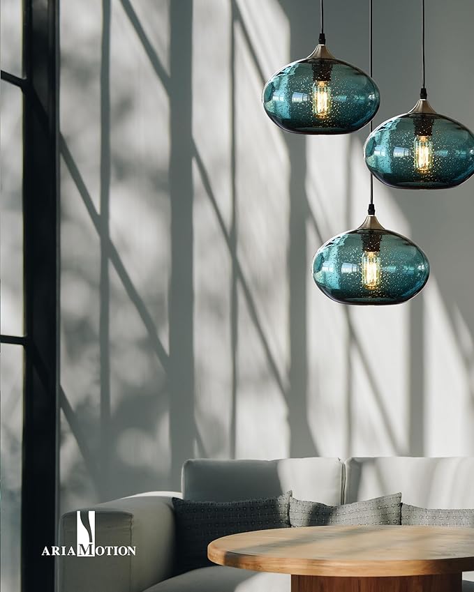 Pendant Lighting for Kitchen Island Blue Glass Modern Hanging Light Fixtures Seeded Bubble Over Sink 9.4 Inch Diam