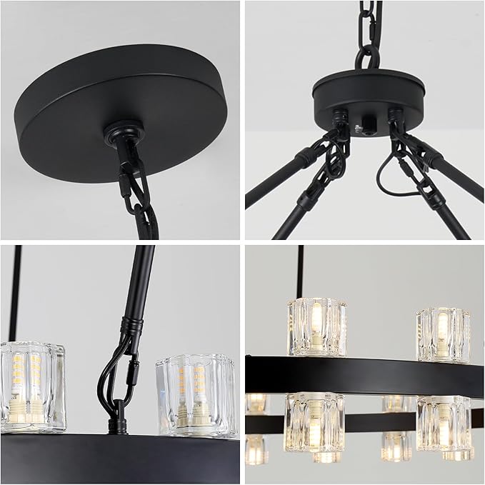 48 Inch Black Crystal Wagon Wheel Chandelier, Modern Farmhouse Round 48-Lights Pendant Lighting Fixture, for High Ceilings Living Room, Bedroom, Foyer