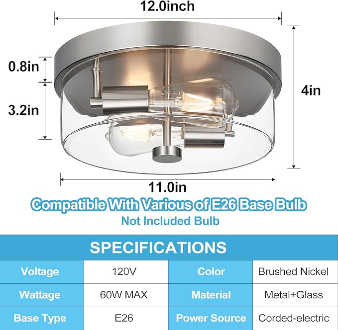 szzgco Flush Mount Ceiling Light Fixtures, 2-Light 12 Inch Brushed Nickel Close to Ceiling Light Fixtures with Clear Glass Shade Ceiling Light Fixture for Porch, Hallway, Bathroom, Dining Room and