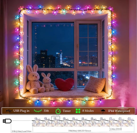 JACUXLSS Easter Pastel Flower String Lights Indoor Bedroom Decorations, 33ft 100 LED USB Plug-in Fairy Cute Cherry Blossom Froal Lamp for Patio, Garden Party, Christmas, Birthday Decor (Multicolored)