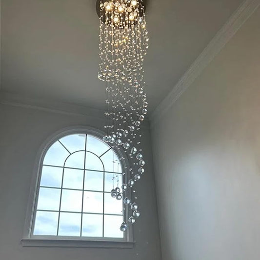 87-in Chandelier for High Ceiling, 6-Light Crystal Chandelier Spiral Design, Large Modern Ceiling Light for Stairs, Foyers, Living Rooms, Video Availablle for Easy Installation
