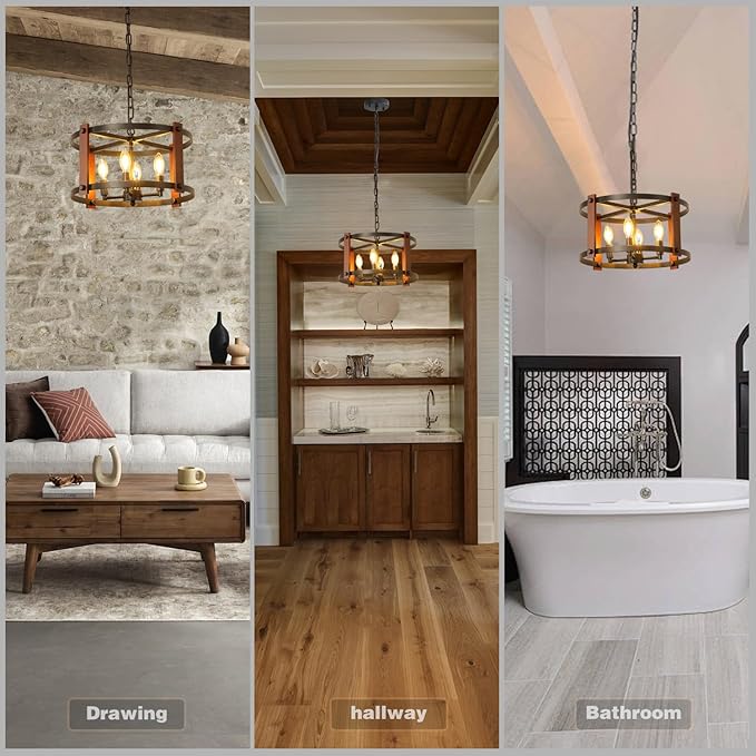 Farmhouse Wood Chandelier,18 Inch Black Modern Rustic Vintage Hanging Pendant Ceiling Light Fixture for Dining Room Bedroom Kitchen Island Hallway Foyer Entryway(4 Light