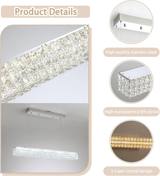 ykolupty Modern Crystal Chandelier Silver Rectangular Crystal Chandelier Contemporary Linear Pendant Ceiling Light Fixture for Living Dining Room Kitchen Island (L 40")