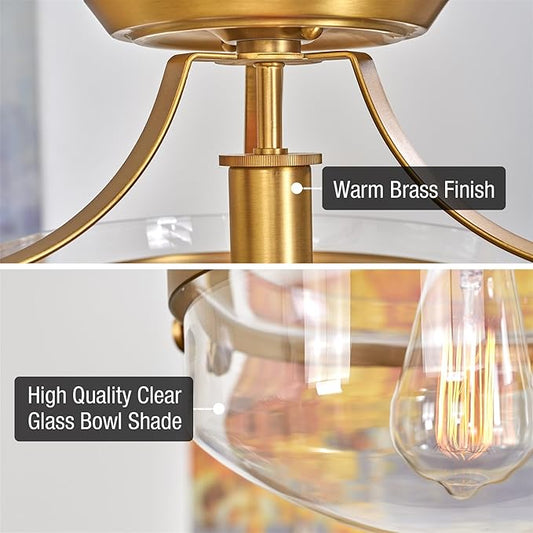 Kira Home Zurich 12" Modern Industrial Gold Semi-Flush Mount Ceiling Light with Clear Glass Schoolhouse Bowl Shade, Warm Brass Finish