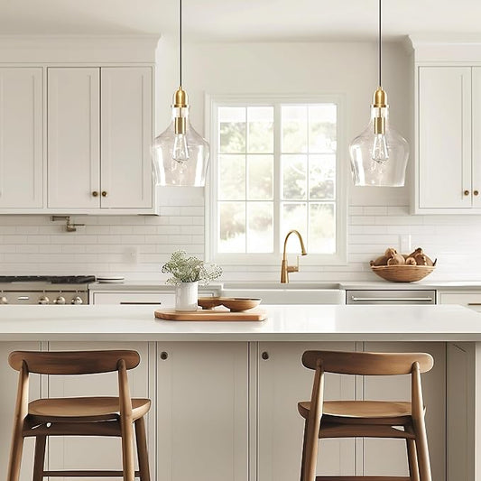 INK+IVY Auburn Pendant Lighting for Dining Room, Industrial Kitchen Lights, Hand-blown Glass Bell Shaped Pendant Light for Kitchen Island, Foyer, Bedroom, 9" Dia x 95.5" H, Gold/Clear
