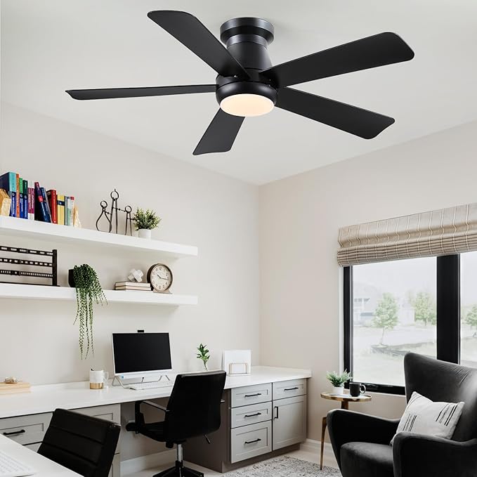 Hounberi 46 Inch Low Profile Ceiling Fan with Light, Modern Flush Mount Ceiling Fans for Low Ceilings, Quiet DC Motor Bedroom Fan, 3CCT Dimmable, Reversible Blades, High Airflow, Energy Saving, Black