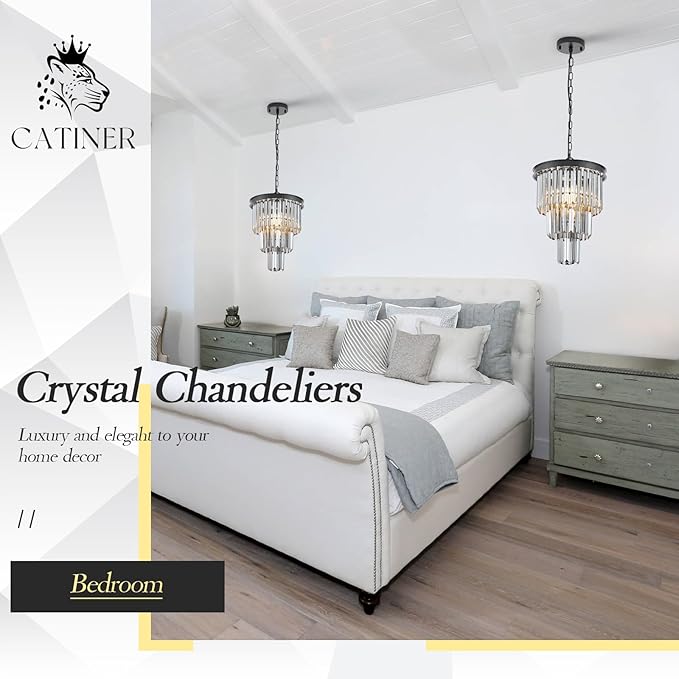 CATINER 3 Tiers Black Crystal Pendant Light, Mini Smoke Gray K9 Crystal Chandelier Modern Pendant Light Fixture for Kitchen Island Dining Room Hallway Bedroom Closet