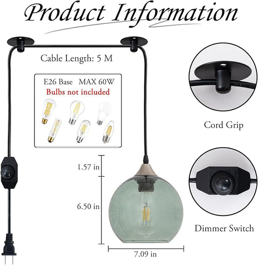 Green Raindrop Glass Pendant Light Plug in Dimmable Fixture Teardrop Textured Shade 16.4 Ft Swag Light Cord E26 Socket for Sunroom Porch Botanical Bohemian Style (Bulb not Included)