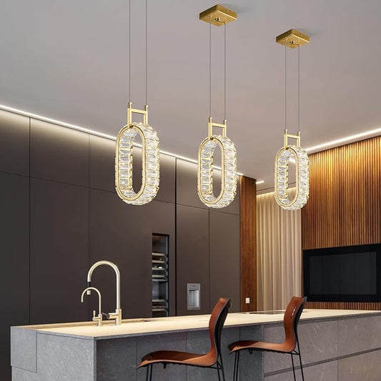 Kitchen Island Mini Light Fixture Modern Led Crystal Pendant Light Gold Oval Chandelier for Dining Room Living Room Kitchen Bedroom Bar(1-Pack
