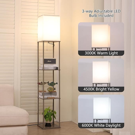Gupuzm Floor Lamp with Shelves, Modern Square Standing Lamp with 3 Color Temperature Bulb, Corner Display Bookshelf Lamp for Living Room, Bedroom and Office (Grey)