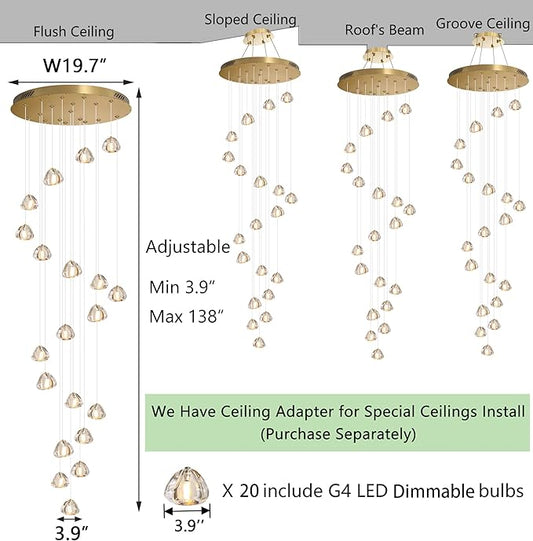 HAIXIANG LED Glam Chandelier 138 inches Long Light Luxury Crystal Ceiling Chandeliers Remote Dimmable High Ceiling Pendants Lighting Fixtures Gold 20 Lights