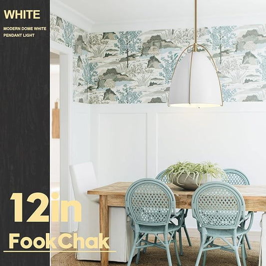White Gold Pendant Light 3-Light Socket Large Pendant Light Fixture with Adjustable Pendant Rod 12in Dome Kitchen Pendant Lighting for Kitchen Island Dining Room Kitchen Sink, E26