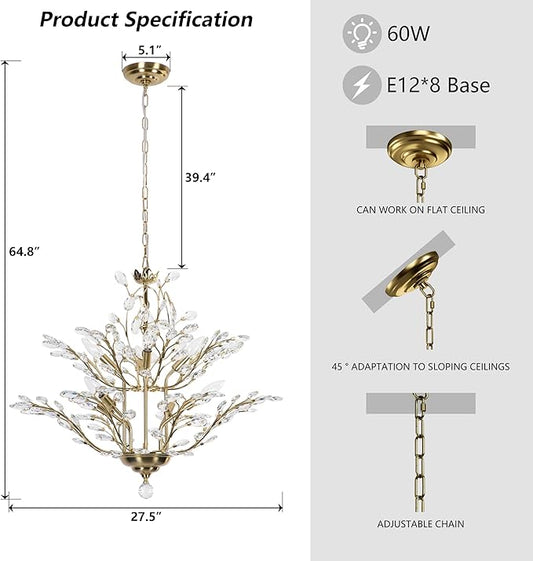Maxax 27.5" Modern Gold Crystal Chandelier, Tree Branch Pendant Light Fixture, Elegant Ceiling Lighting for Dining Room Living Room Bedroom