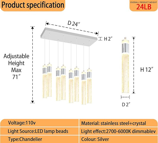 8-Lights Silver Hanging Pendant Light for Kitchen Island Modern Dimmable LED Crystal Chandeliers for Dining Room Bedroom Living Room Over Table Adjustable Height